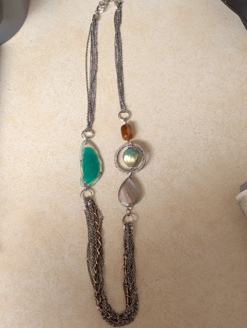 Boho Multi-Stone Silver Long Necklace with Teal and Brown Accents